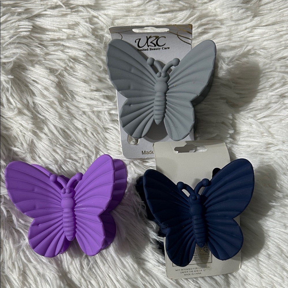 Butterfly Hair Clips Set - Purple, Gray, and Blue